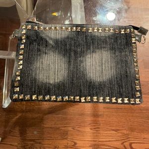 Gray stone washed denim with gold stud clutch Jean bag